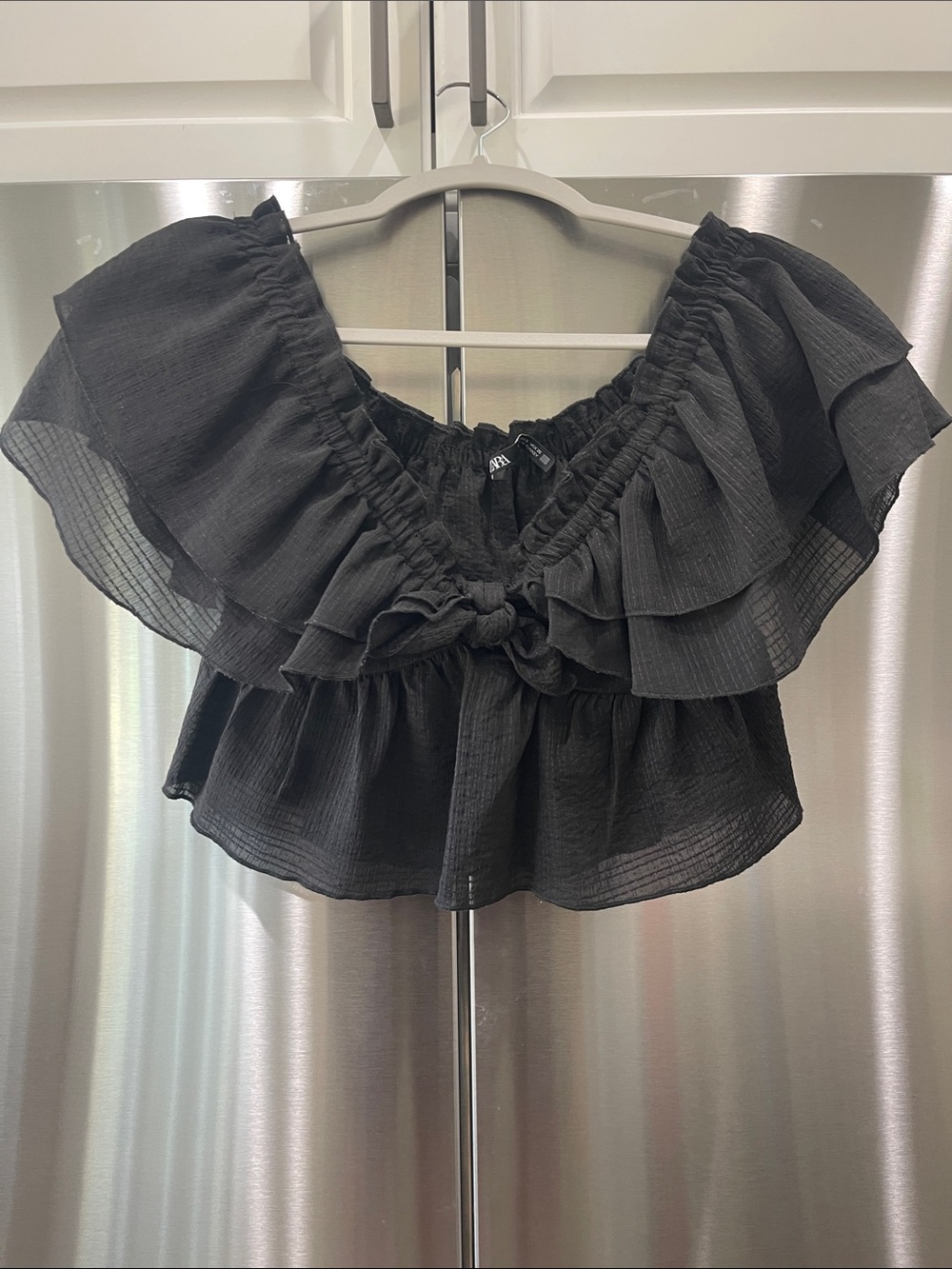 Zara Black Ruffled Tie-Front Crop Blouse